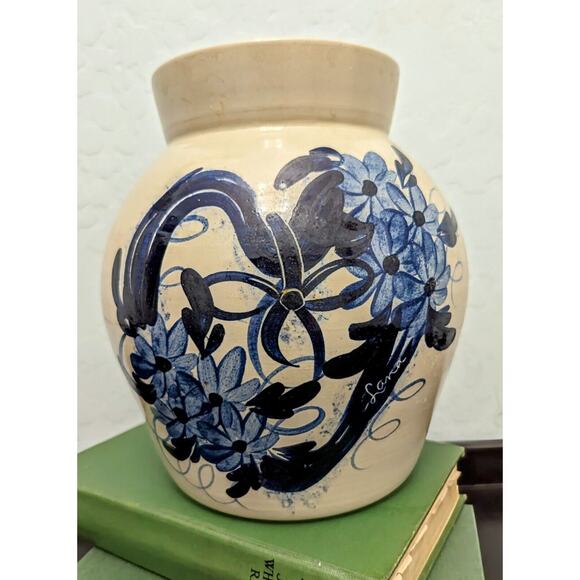 Crock Cobalt Blue Floral Design Stoneware Pottery Vase Crockery 8" X 7" Signed - Picture 1 of 6